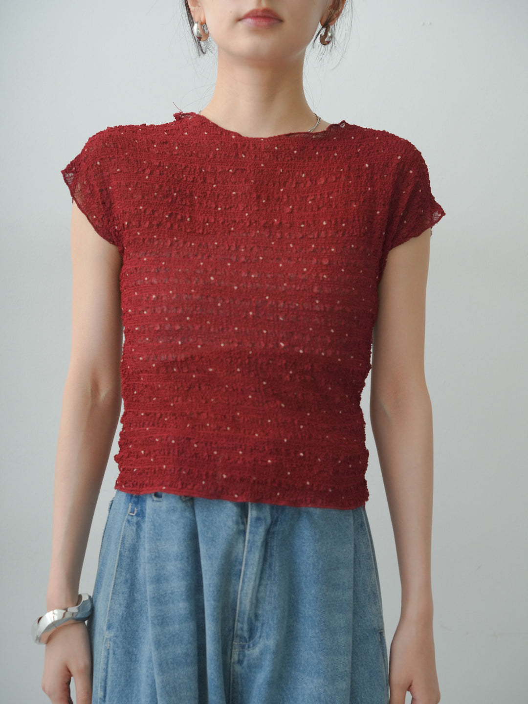 [予約]テクスチャープリントワッシャーフレンチトップス/red