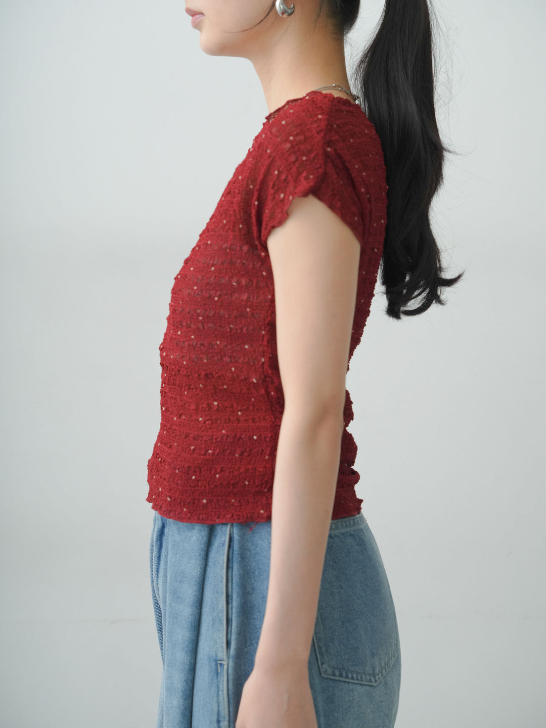 [予約]テクスチャープリントワッシャーフレンチトップス/red