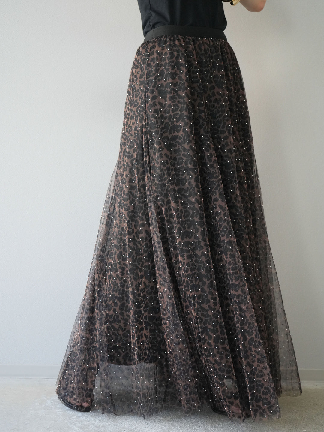 [5] 豹紋薄紗層疊百褶裙/摩卡色