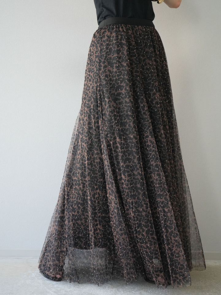 [5] 豹紋薄紗層疊百褶裙/摩卡色