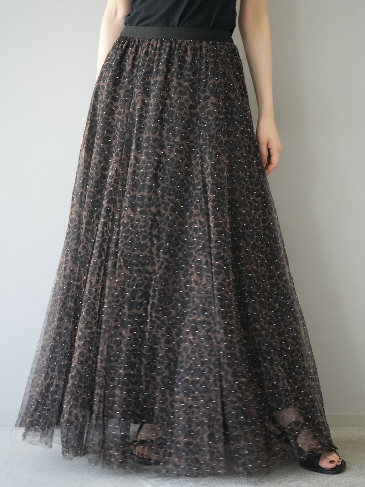 [5] 豹紋薄紗層疊百褶裙/摩卡色
