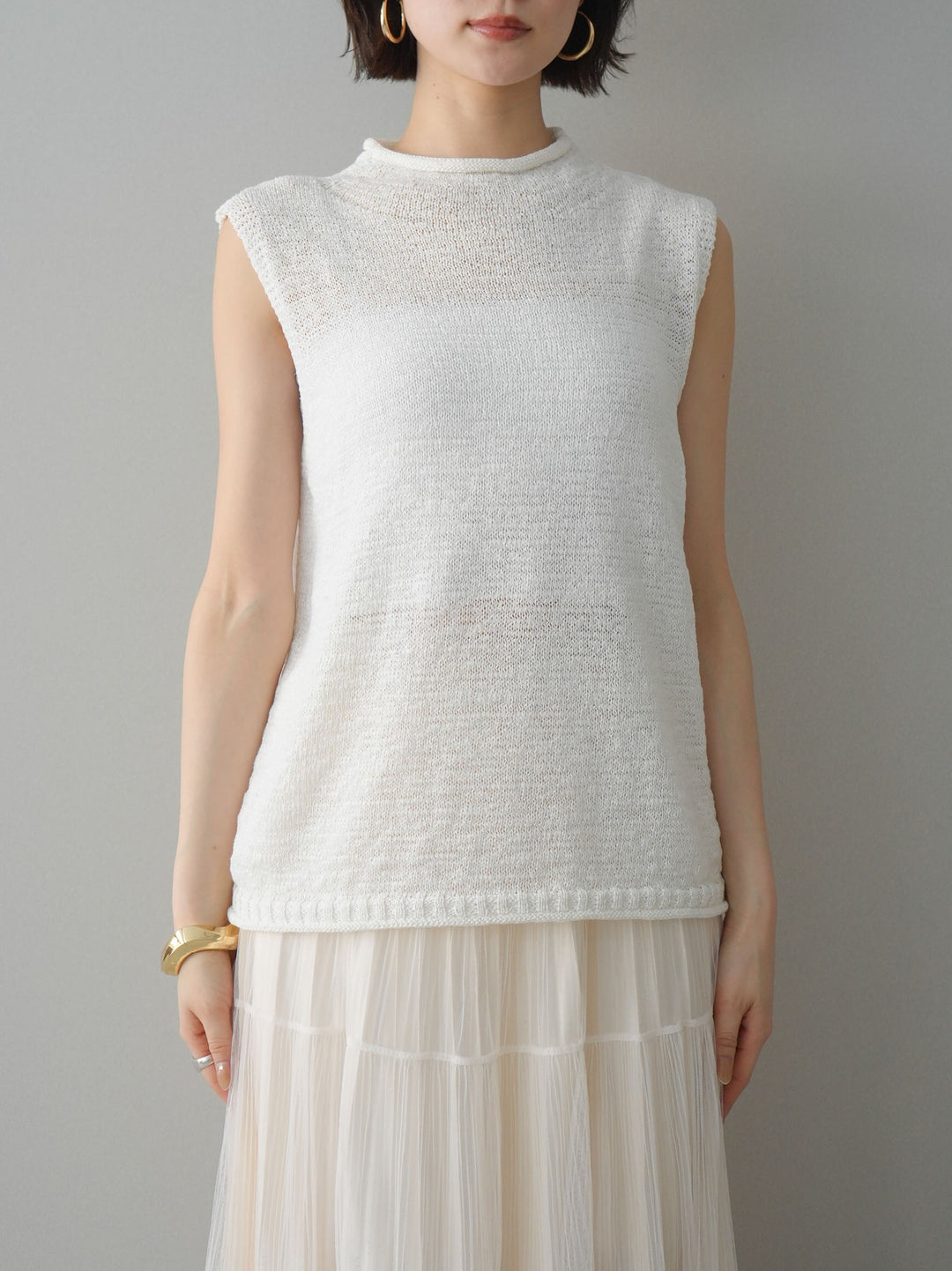 [予約]ノースリーブリネンタッチシアーニットプルオーバー/white