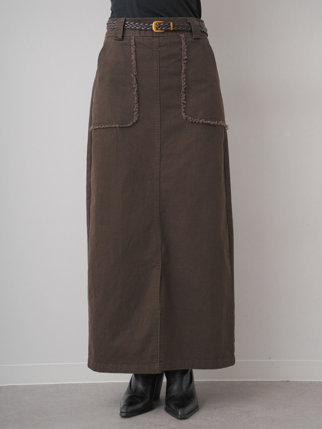 [予約]ベルト付フリンジポケットIラインスカート/brown