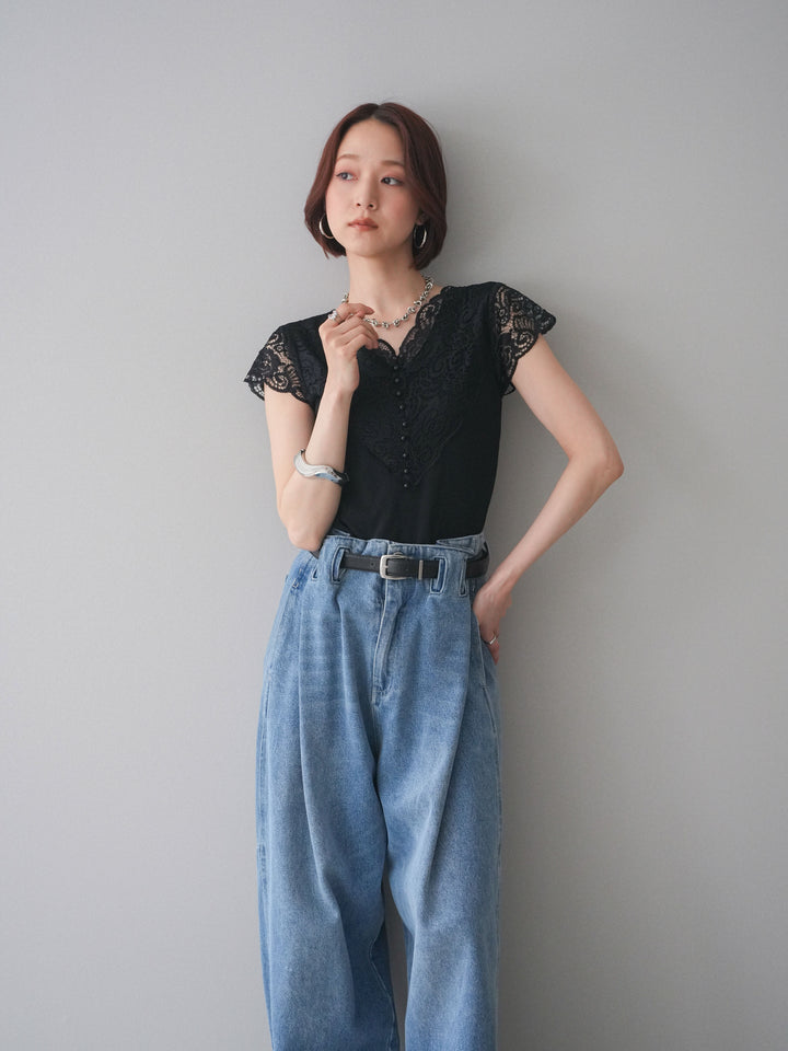 [予約]パールボタンレース切替ニットトップス/black