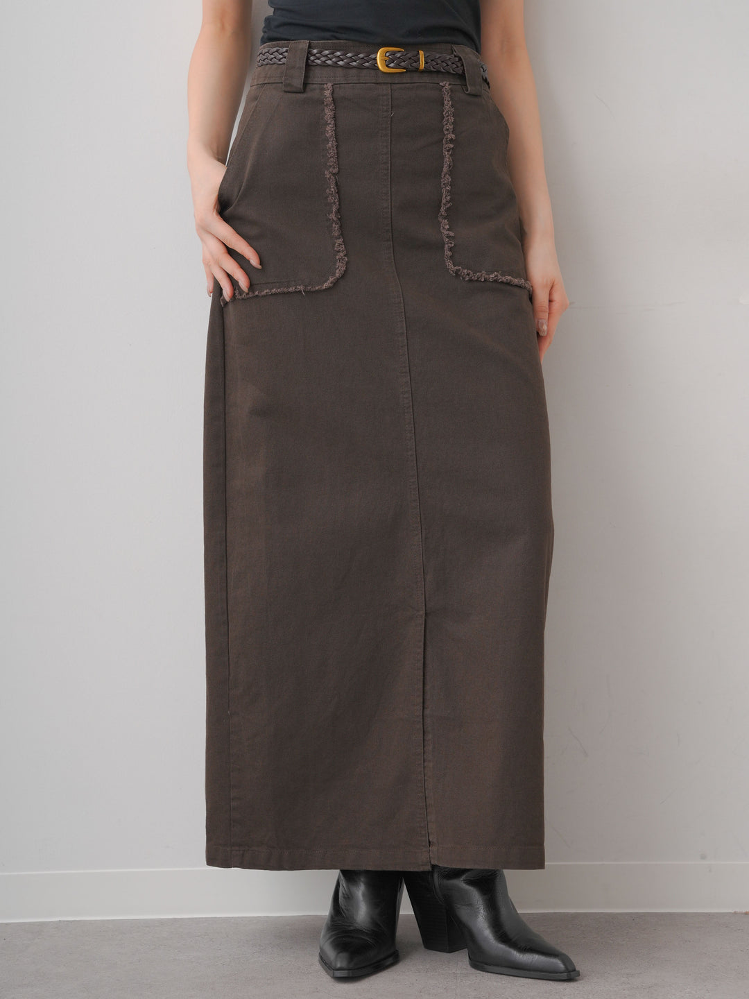 [予約]ベルト付フリンジポケットIラインスカート/brown