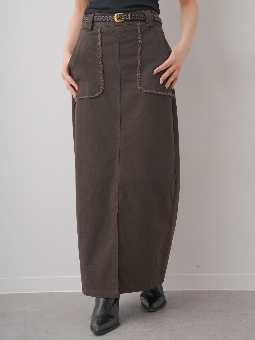 [予約]ベルト付フリンジポケットIラインスカート/brown