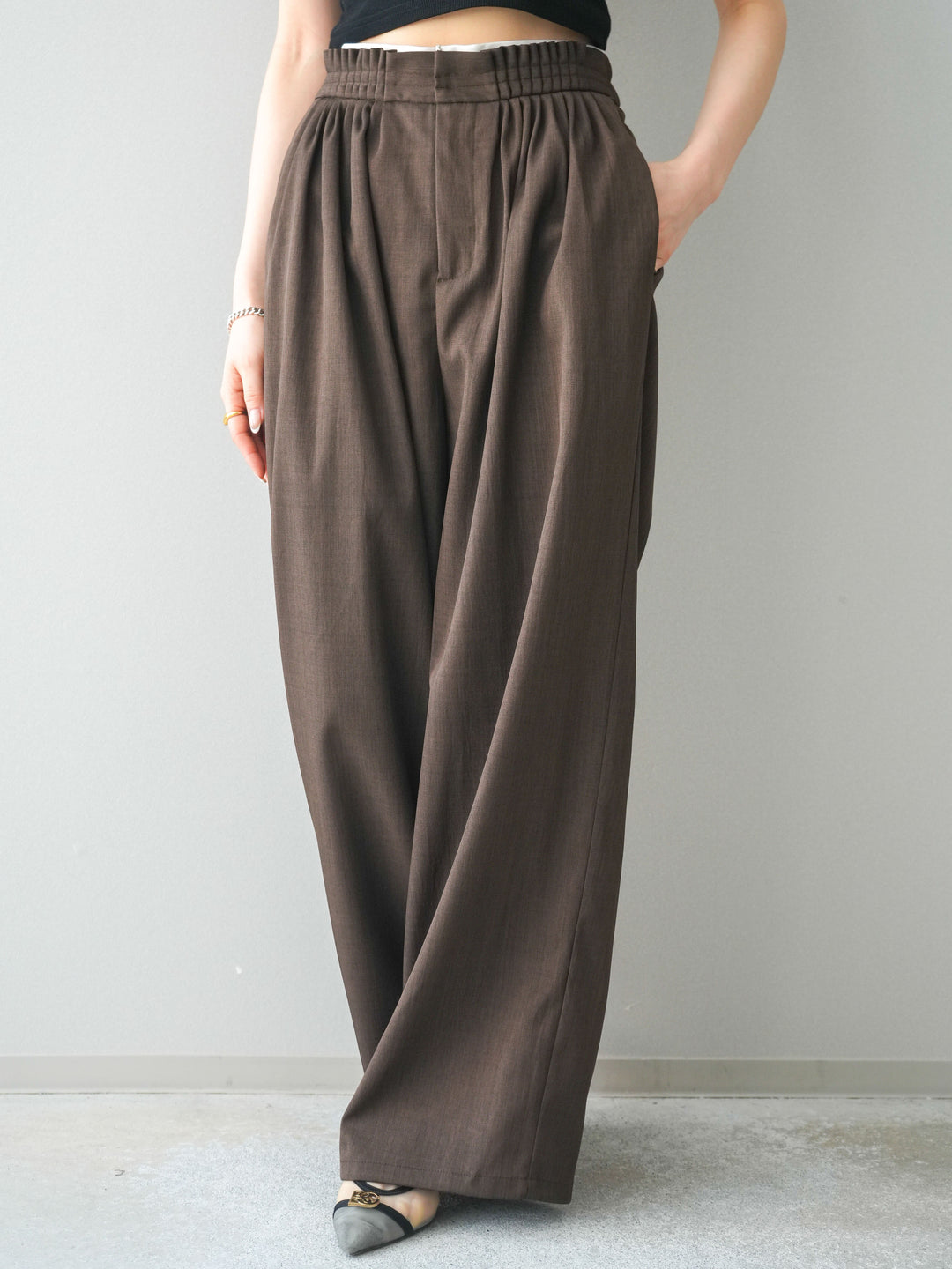 [予約]異素材ドッキングメニータックワイドパンツ/brown