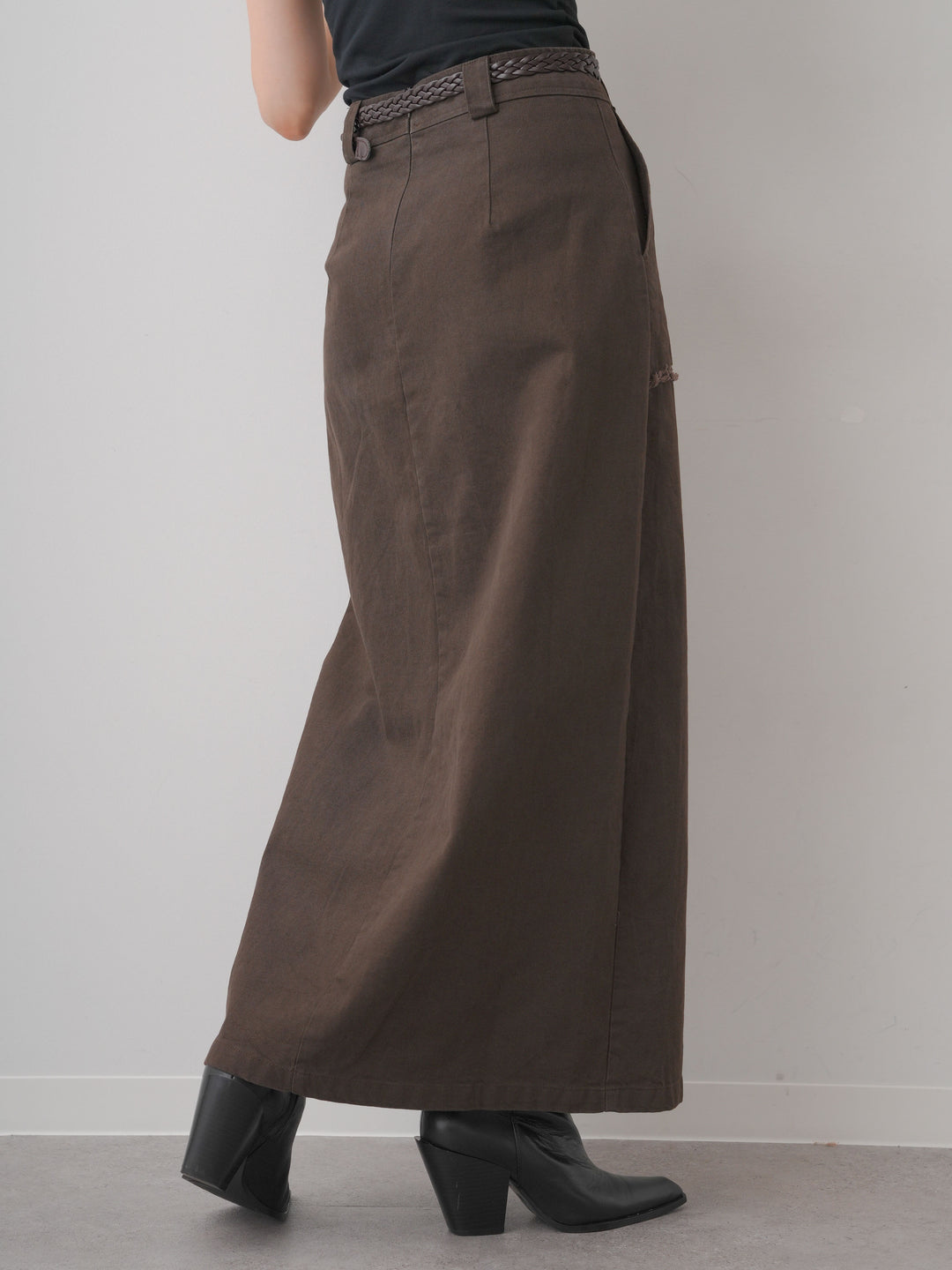 [予約]ベルト付フリンジポケットIラインスカート/brown