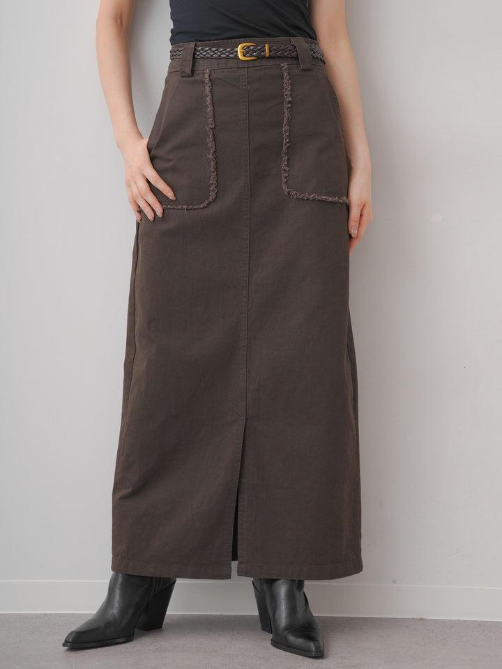 [予約]ベルト付フリンジポケットIラインスカート/brown