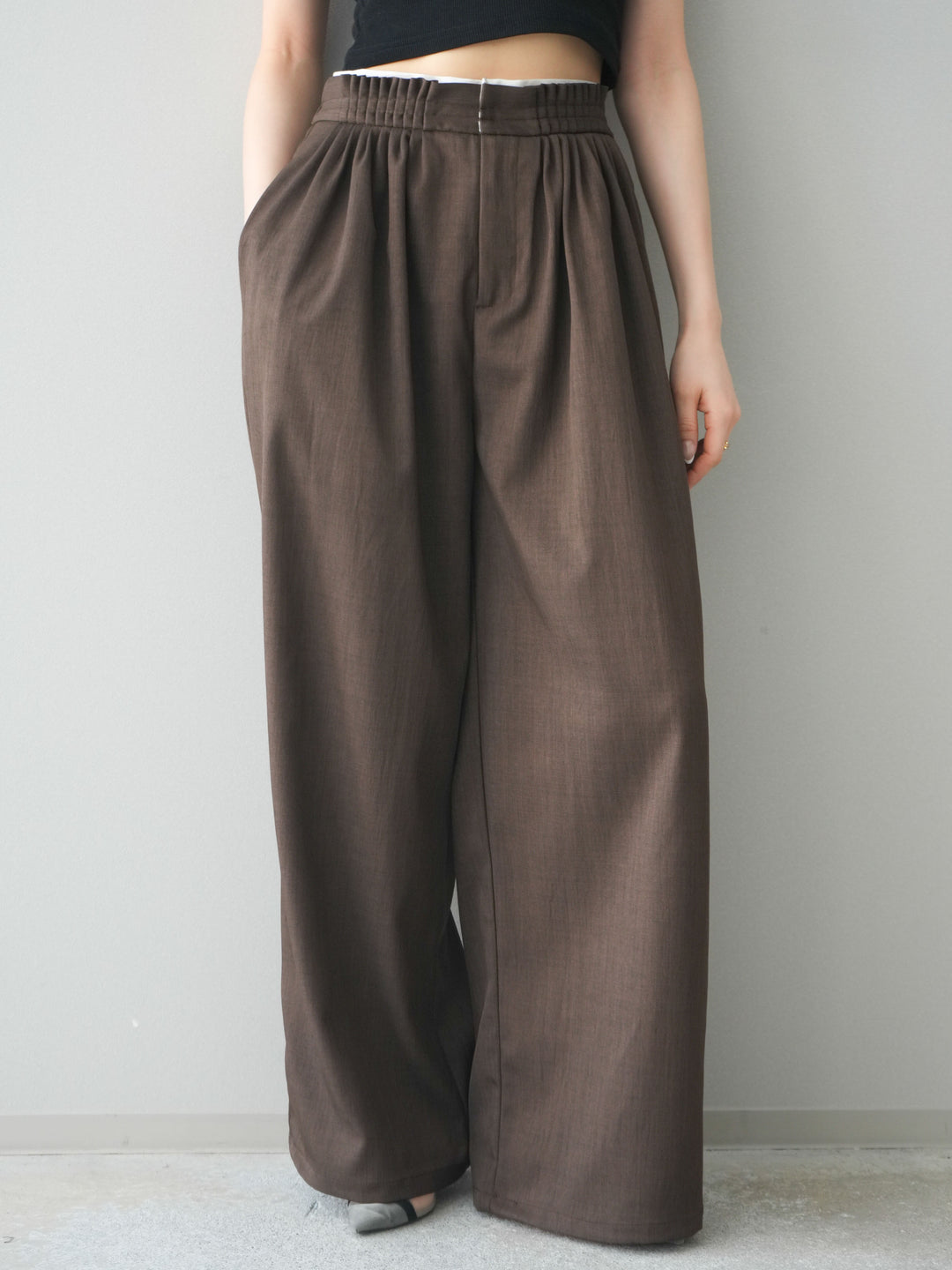 [予約]異素材ドッキングメニータックワイドパンツ/brown