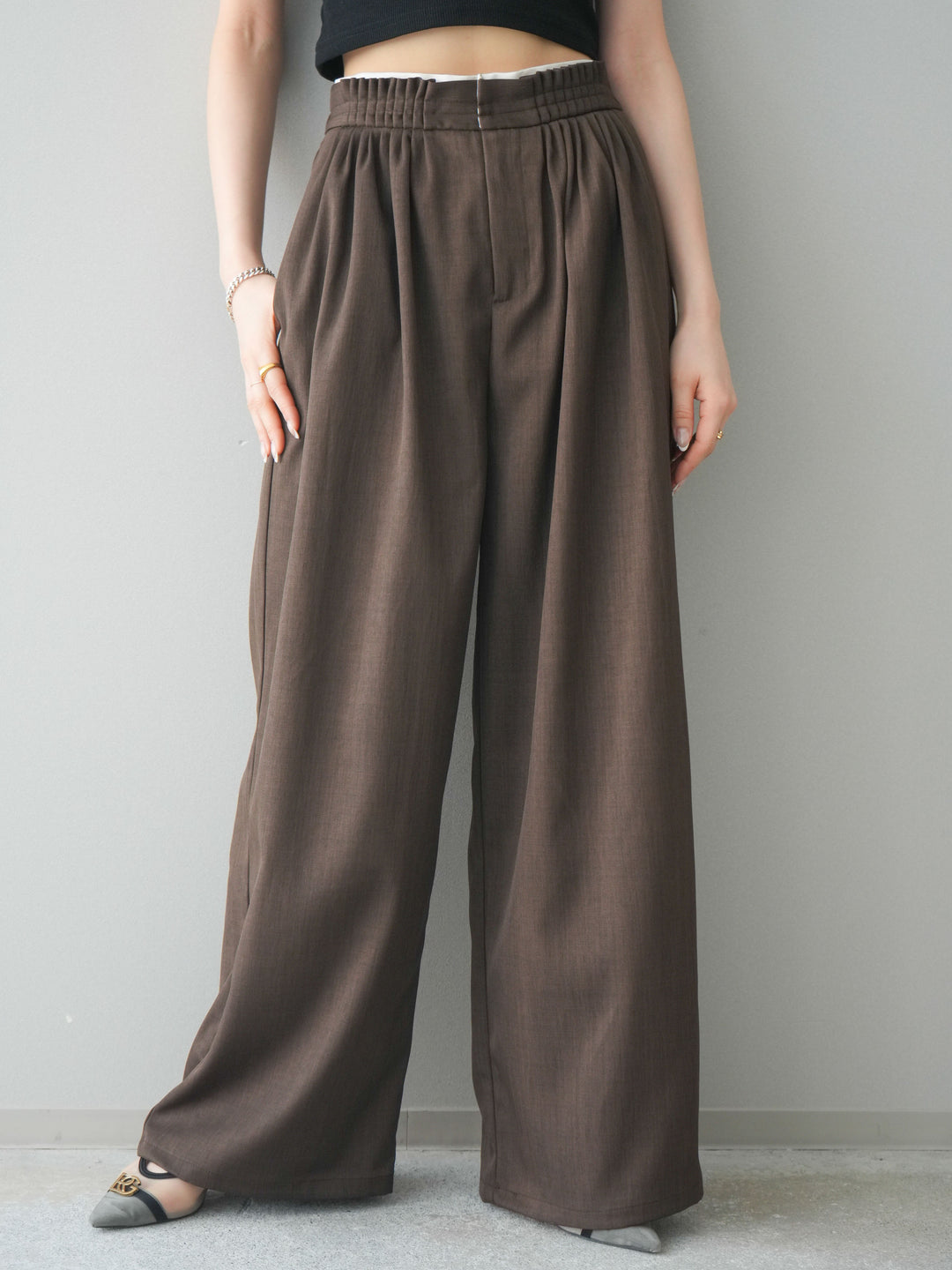 [予約]異素材ドッキングメニータックワイドパンツ/brown