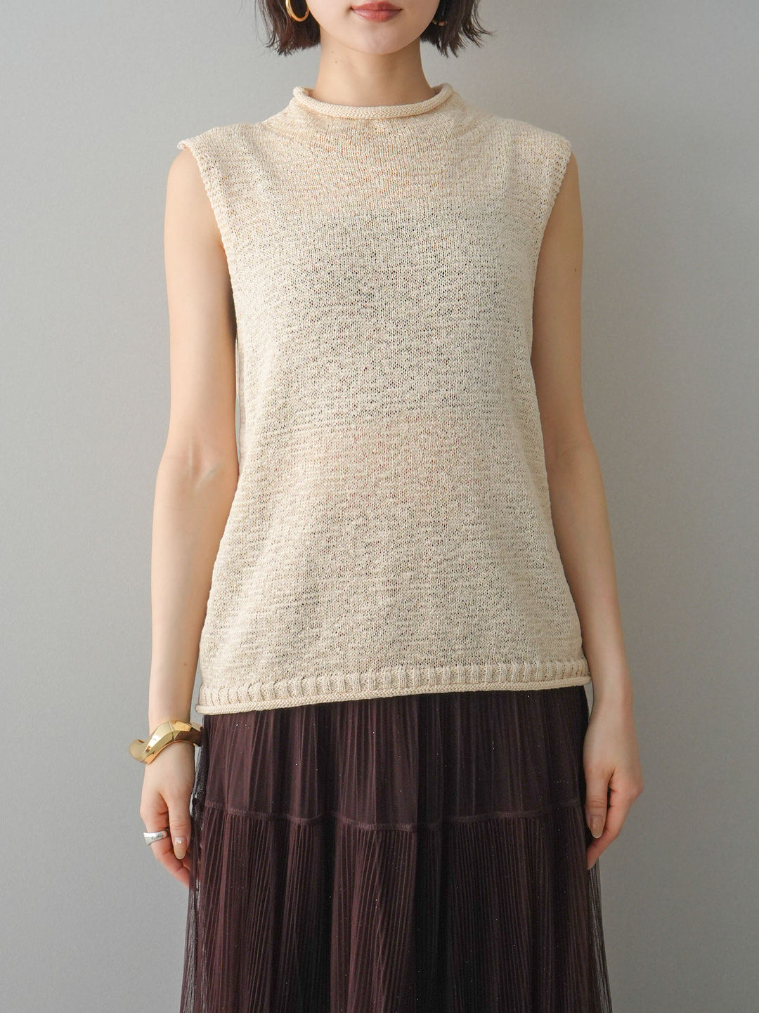 [予約]ノースリーブリネンタッチシアーニットプルオーバー/beige