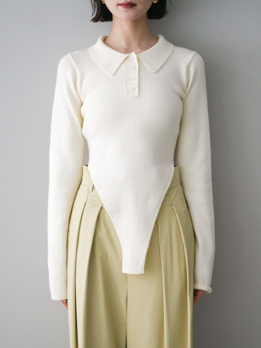 [予約]リブポロニットボディスーツ/ivory