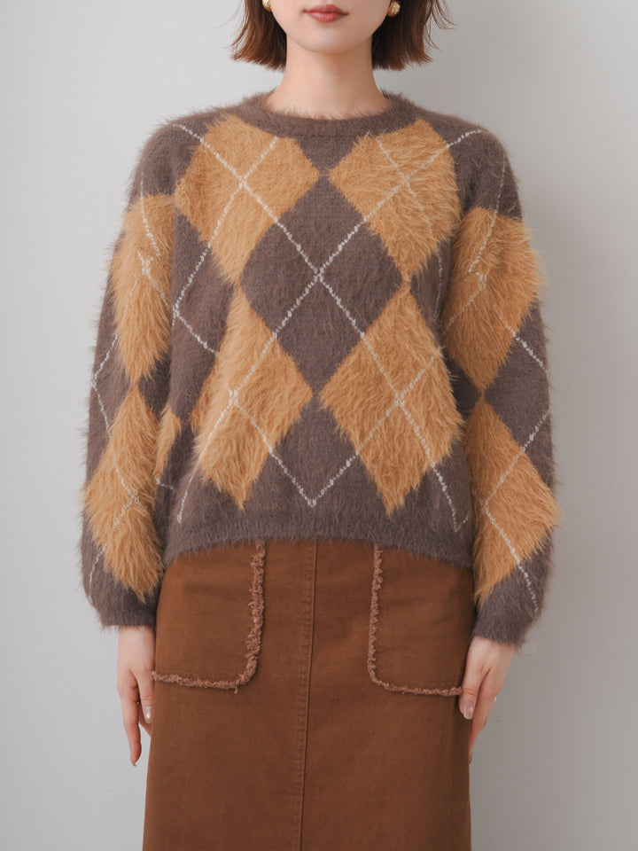 [予約]アーガイルシャギーニットトップス/brown