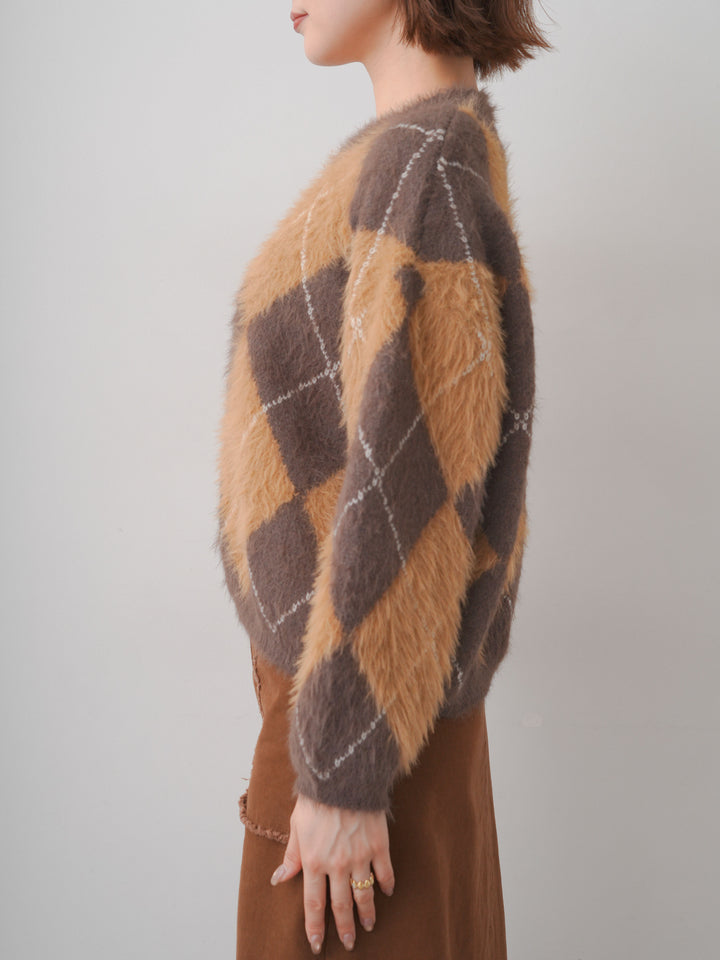 [予約]アーガイルシャギーニットトップス/brown