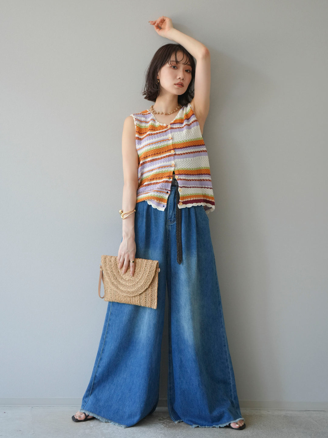 [予約]マルチボーダーニットベスト/オレンジ