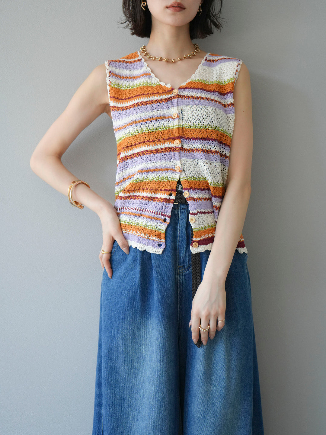[予約]マルチボーダーニットベスト/オレンジ
