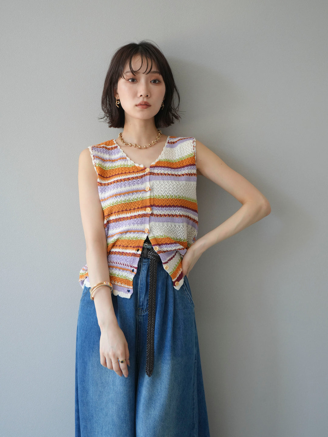 [予約]マルチボーダーニットベスト/オレンジ