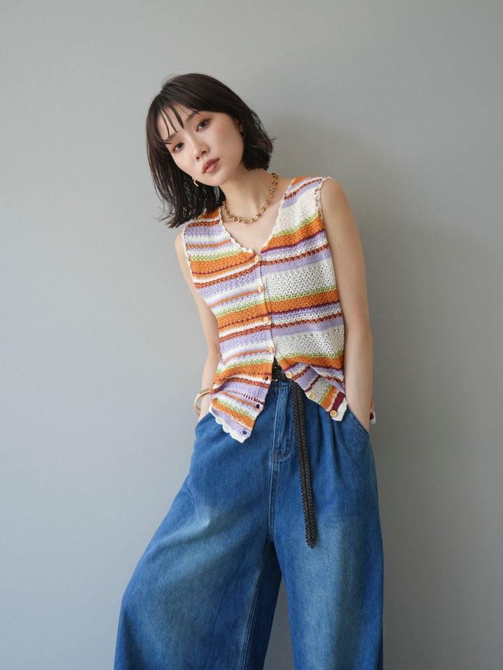 [予約]マルチボーダーニットベスト/オレンジ