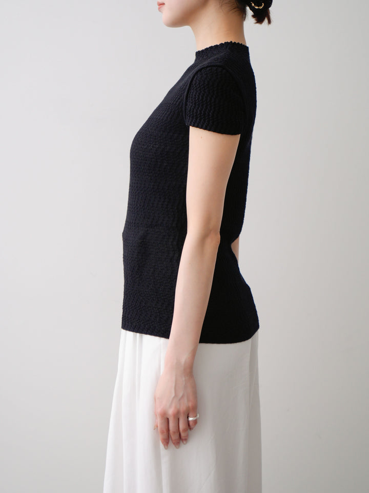[予約]ウェーブハイネックフレンチニットトップス/black