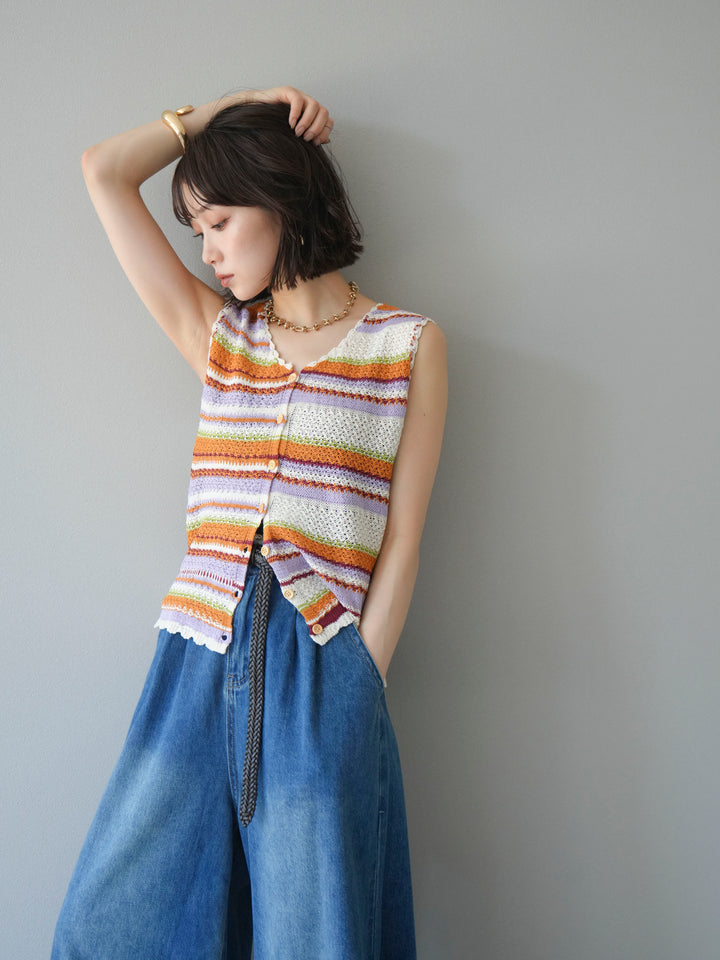 [予約]マルチボーダーニットベスト/オレンジ