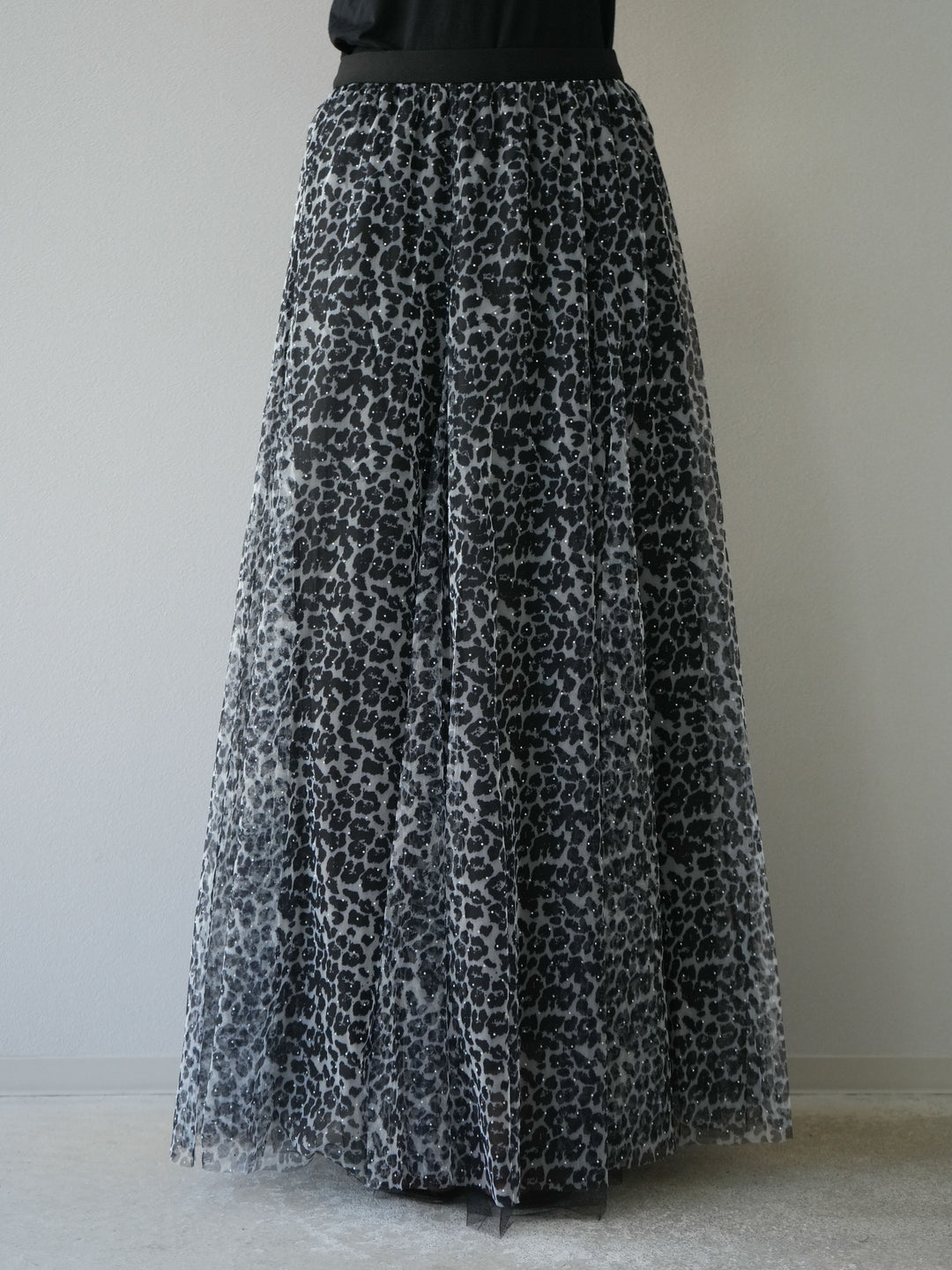 [予約]レオパードチュールレイヤードプリーツスカート/ブラック