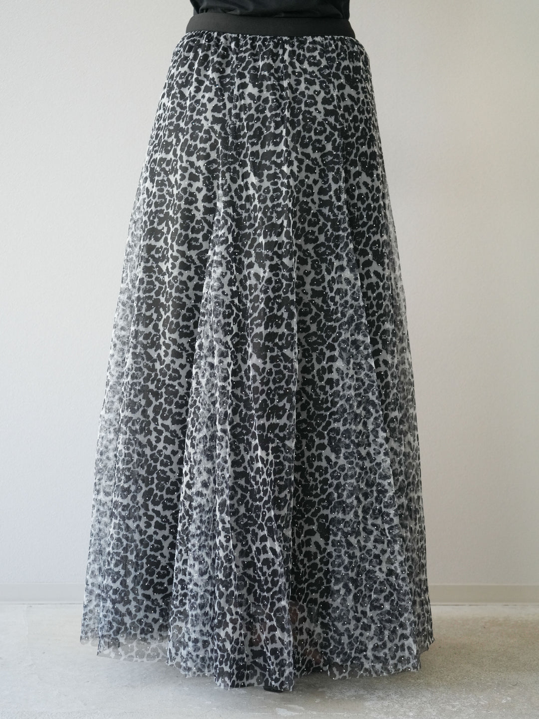 [予約]レオパードチュールレイヤードプリーツスカート/ブラック