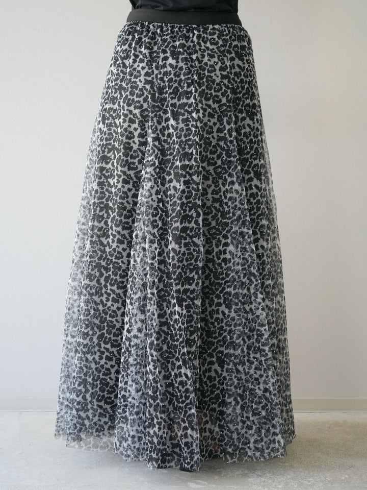 [予約]レオパードチュールレイヤードプリーツスカート/ブラック