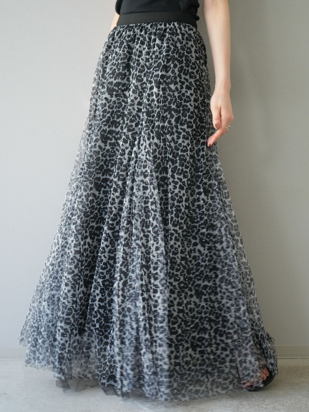 [予約]レオパードチュールレイヤードプリーツスカート/ブラック