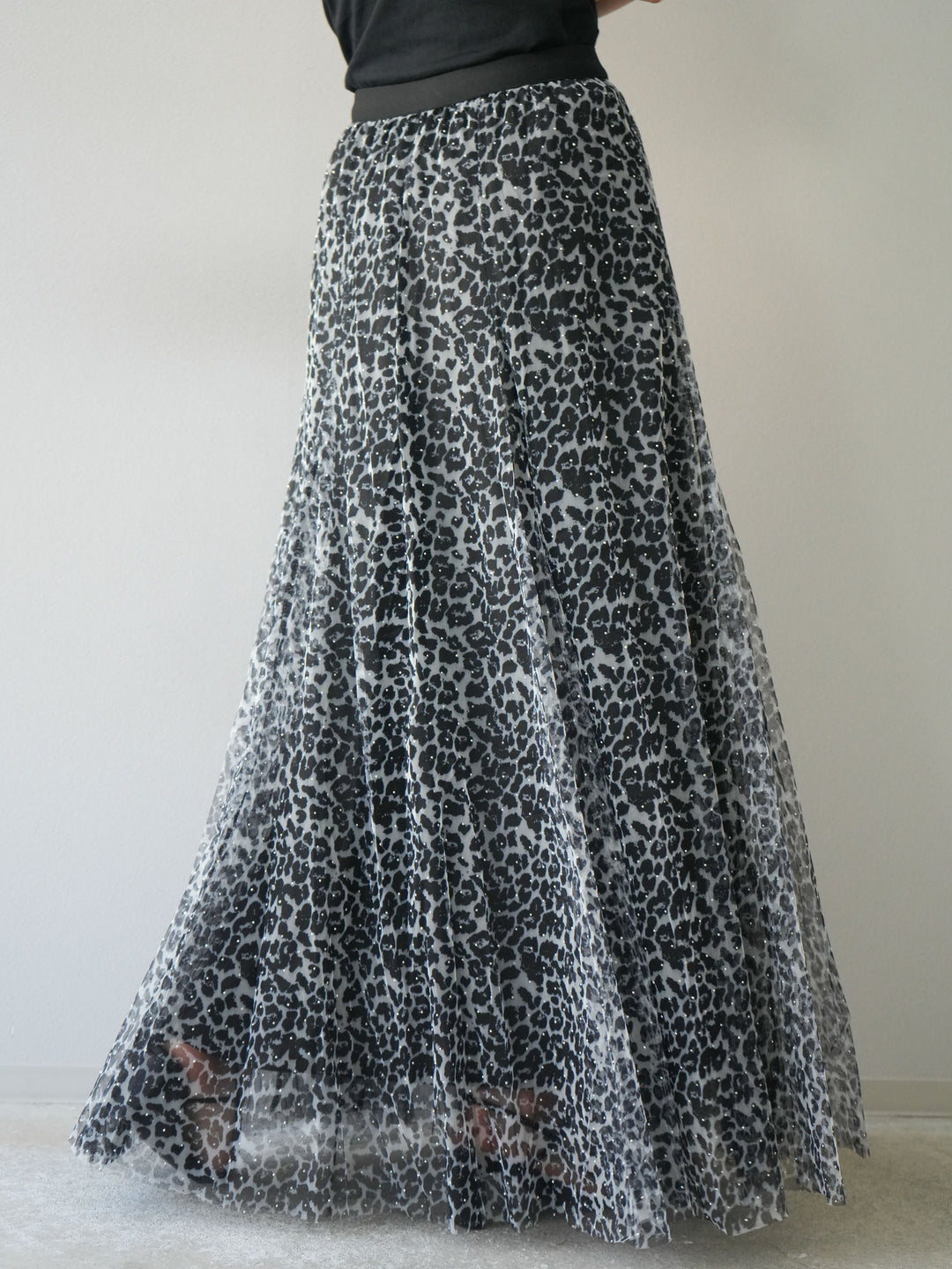 [予約]レオパードチュールレイヤードプリーツスカート/ブラック
