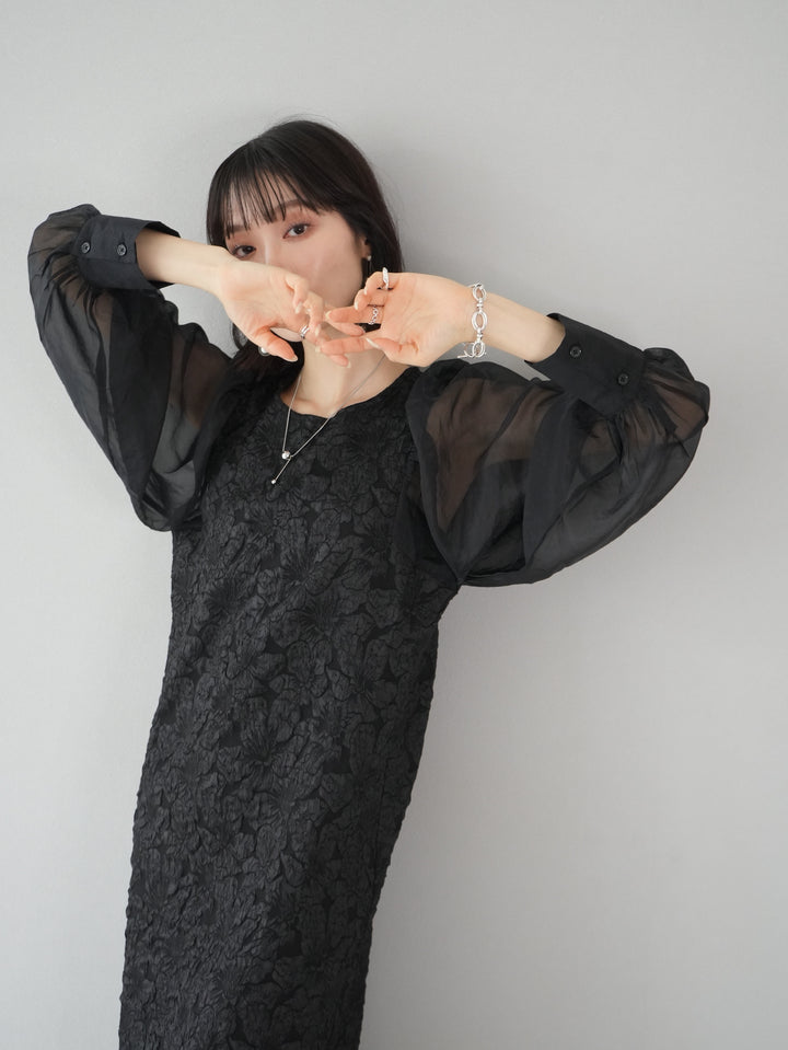 [Pre-order] Puffy Jacquard Tulle Sleeve Dress/Black x Black