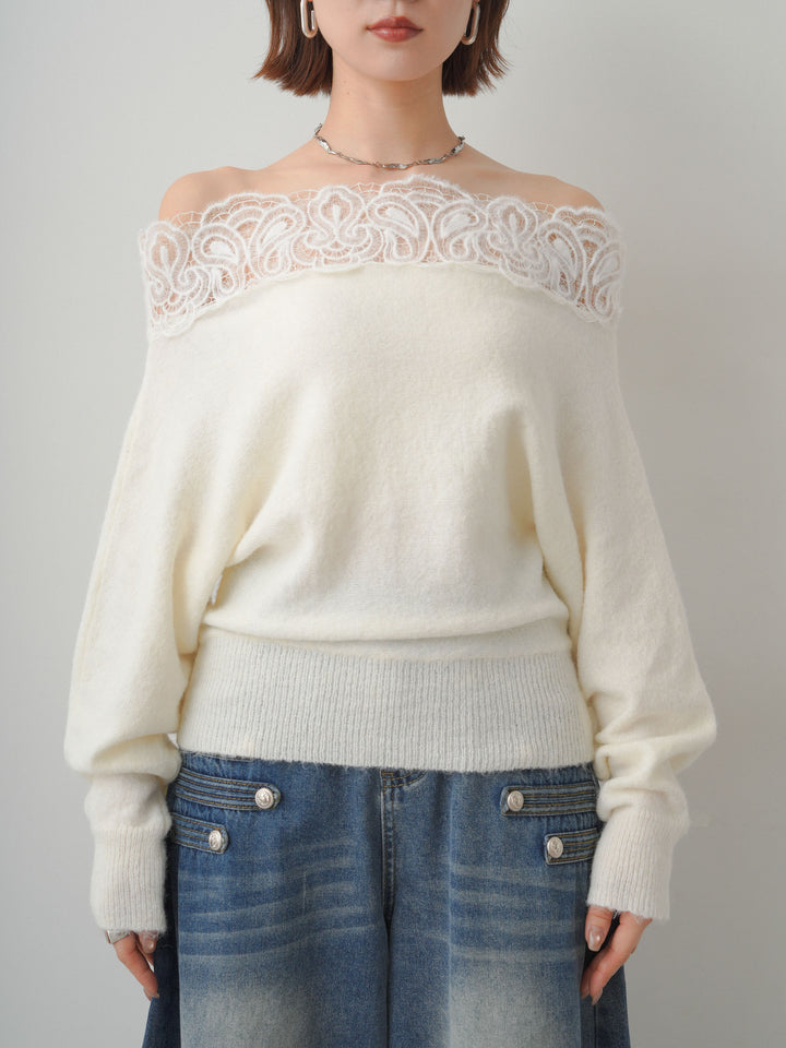 [予約]ショルダーレースオフショルニットトップス/white
