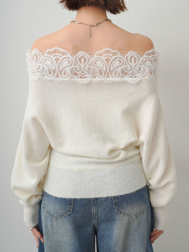 [予約]ショルダーレースオフショルニットトップス/white
