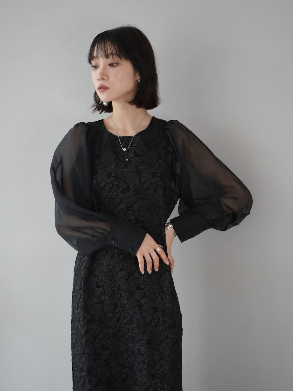 [SET] Puffy jacquard tulle sleeve dress + choice of necklace (2 sets)