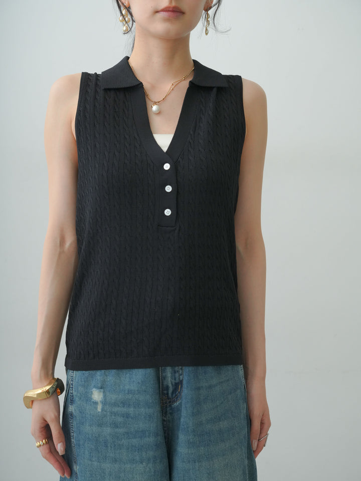 [予約]スキッパーケーブルポロニットトップス/black