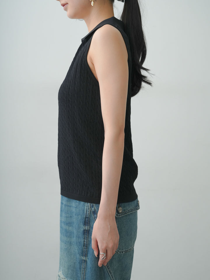 [予約]スキッパーケーブルポロニットトップス/black