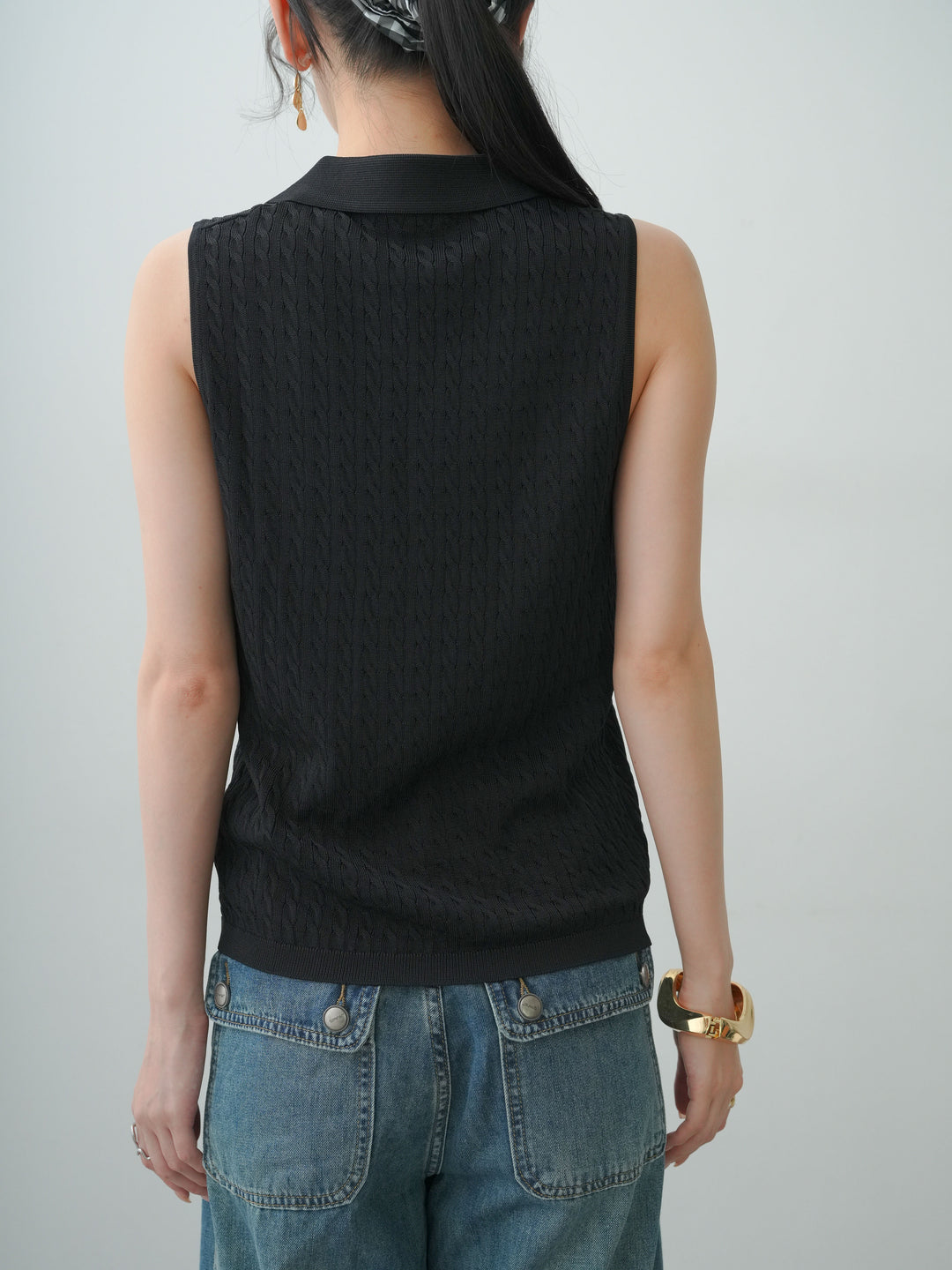 [予約]スキッパーケーブルポロニットトップス/black