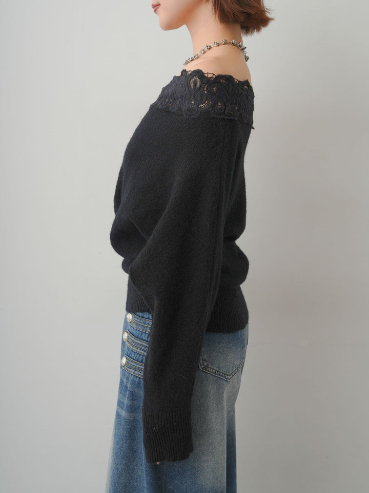 [予約]ショルダーレースオフショルニットトップス/black