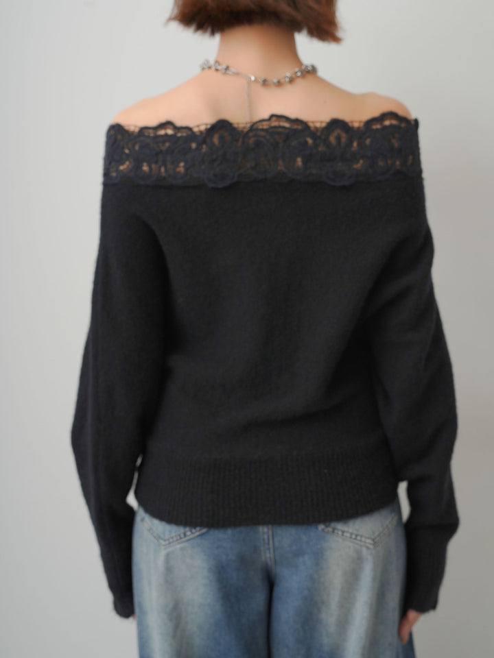 [予約]ショルダーレースオフショルニットトップス/black