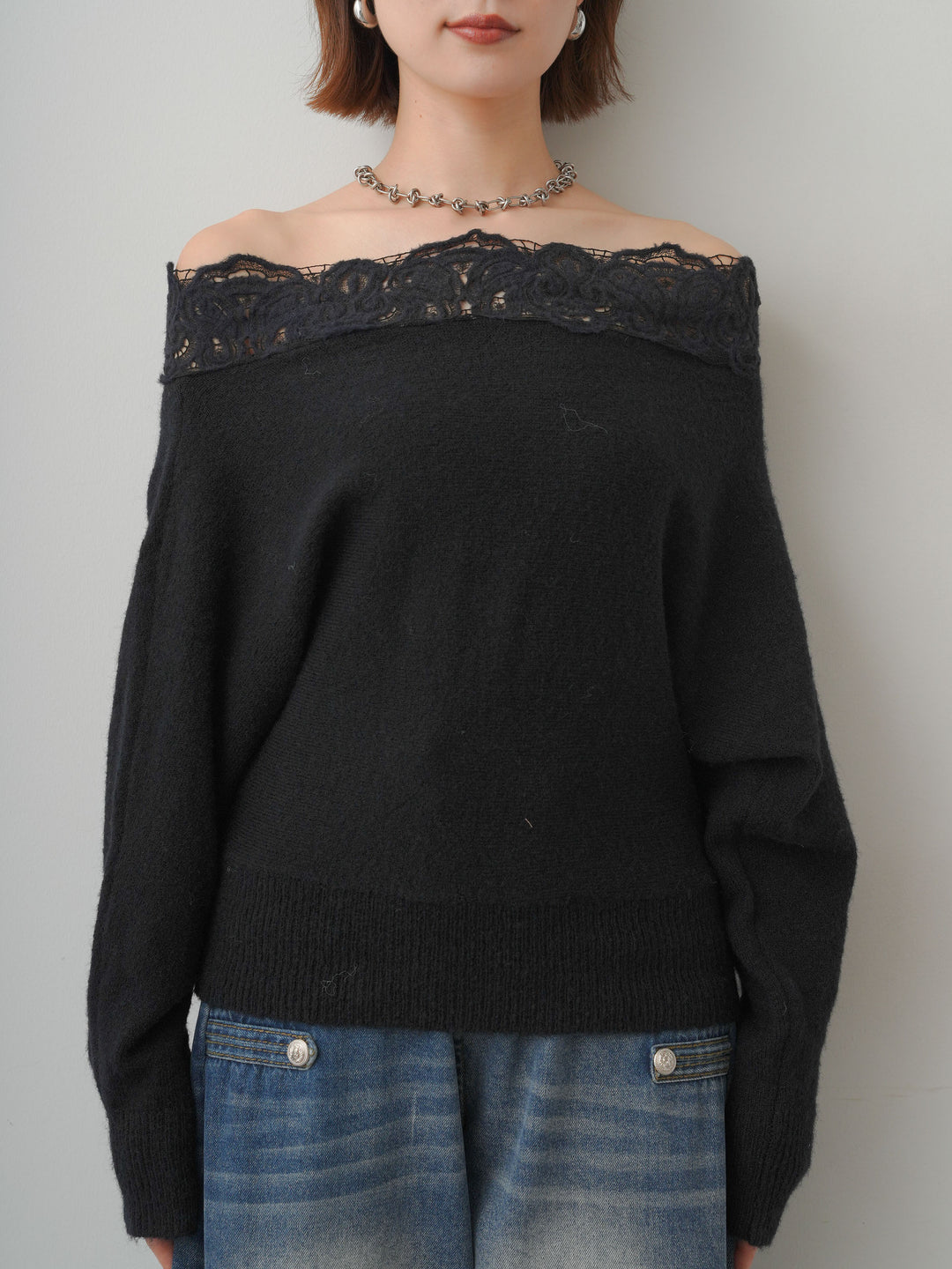 [予約]ショルダーレースオフショルニットトップス/black