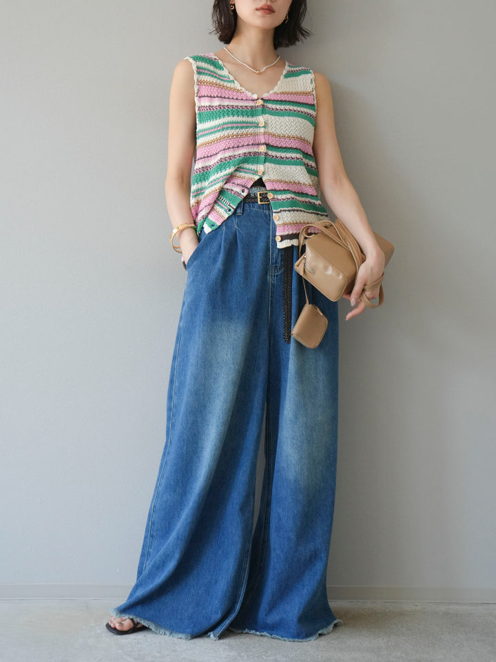 [予約]マルチボーダーニットベスト/グリーン