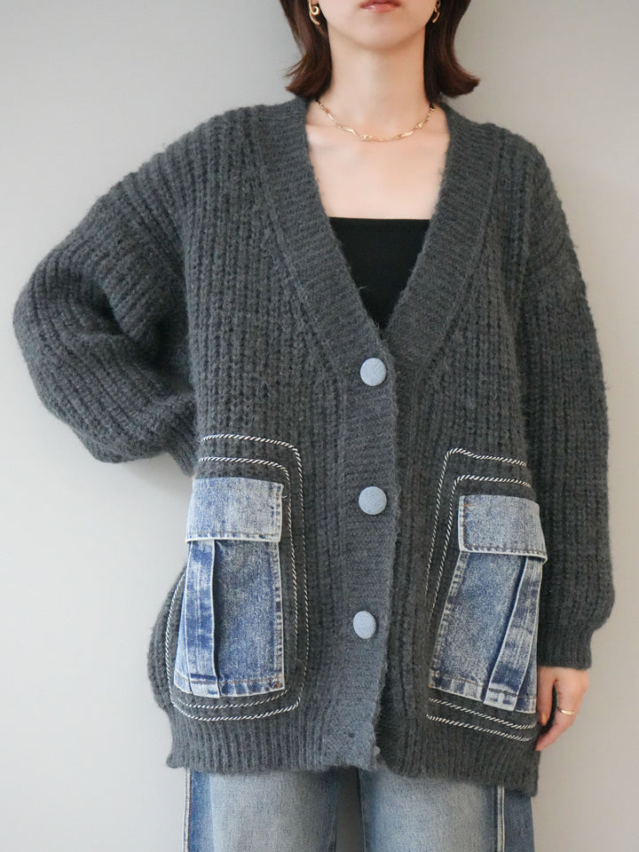 [予約]デニムポケットハンドステッチカーディガン/gray