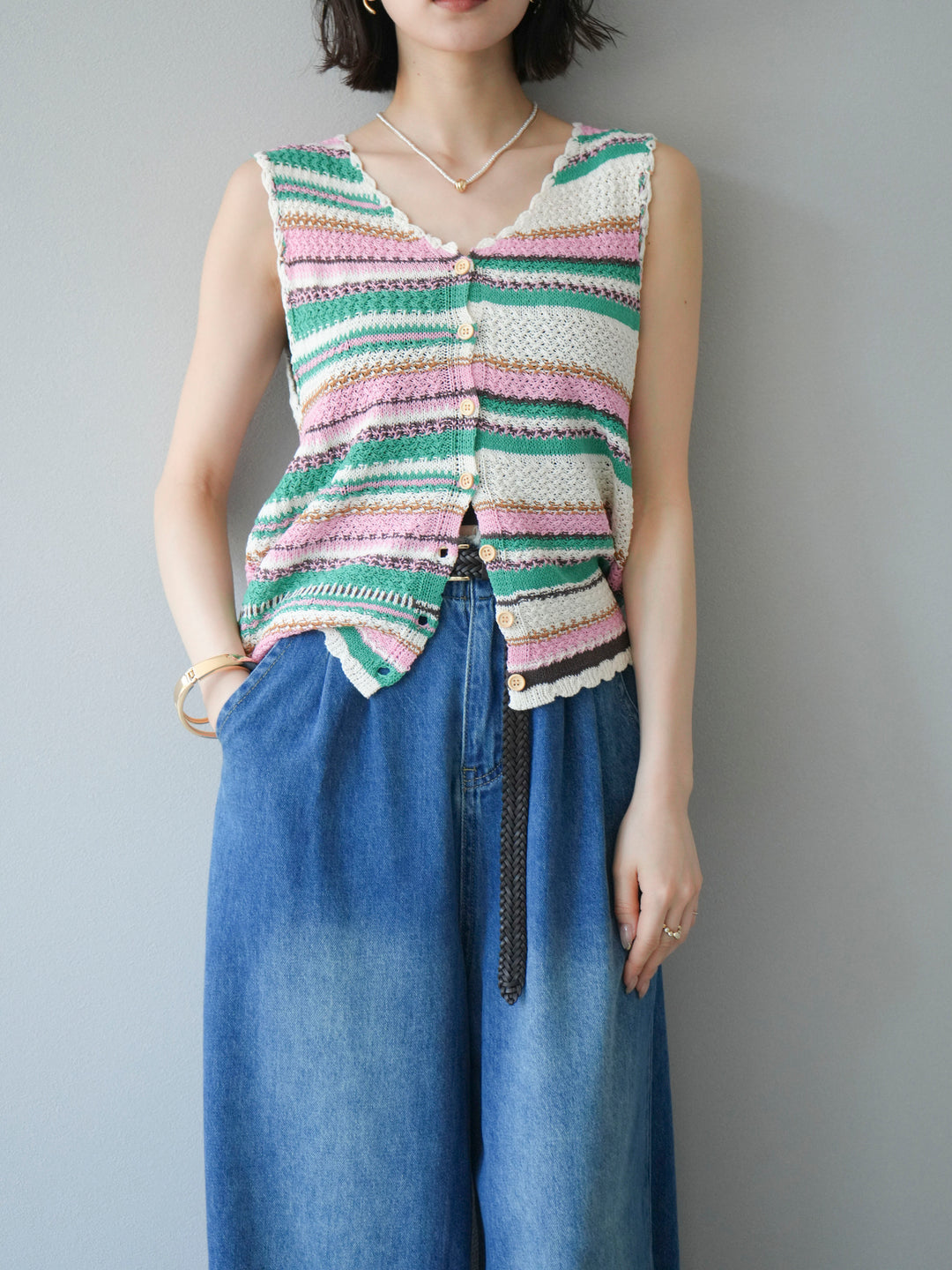 [予約]マルチボーダーニットベスト/グリーン