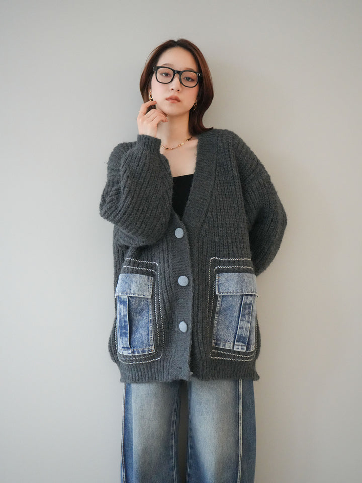[予約]デニムポケットハンドステッチカーディガン/gray