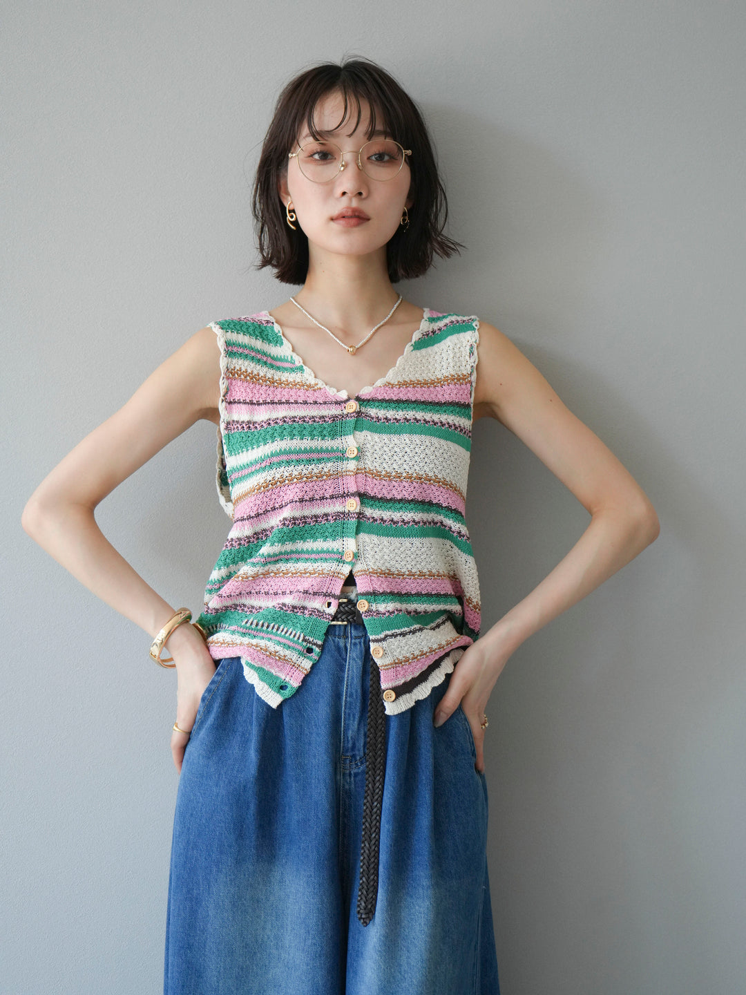 [予約]マルチボーダーニットベスト/グリーン