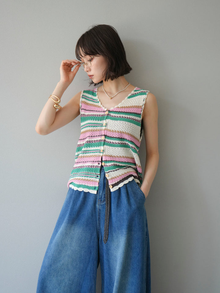 [予約]マルチボーダーニットベスト/グリーン