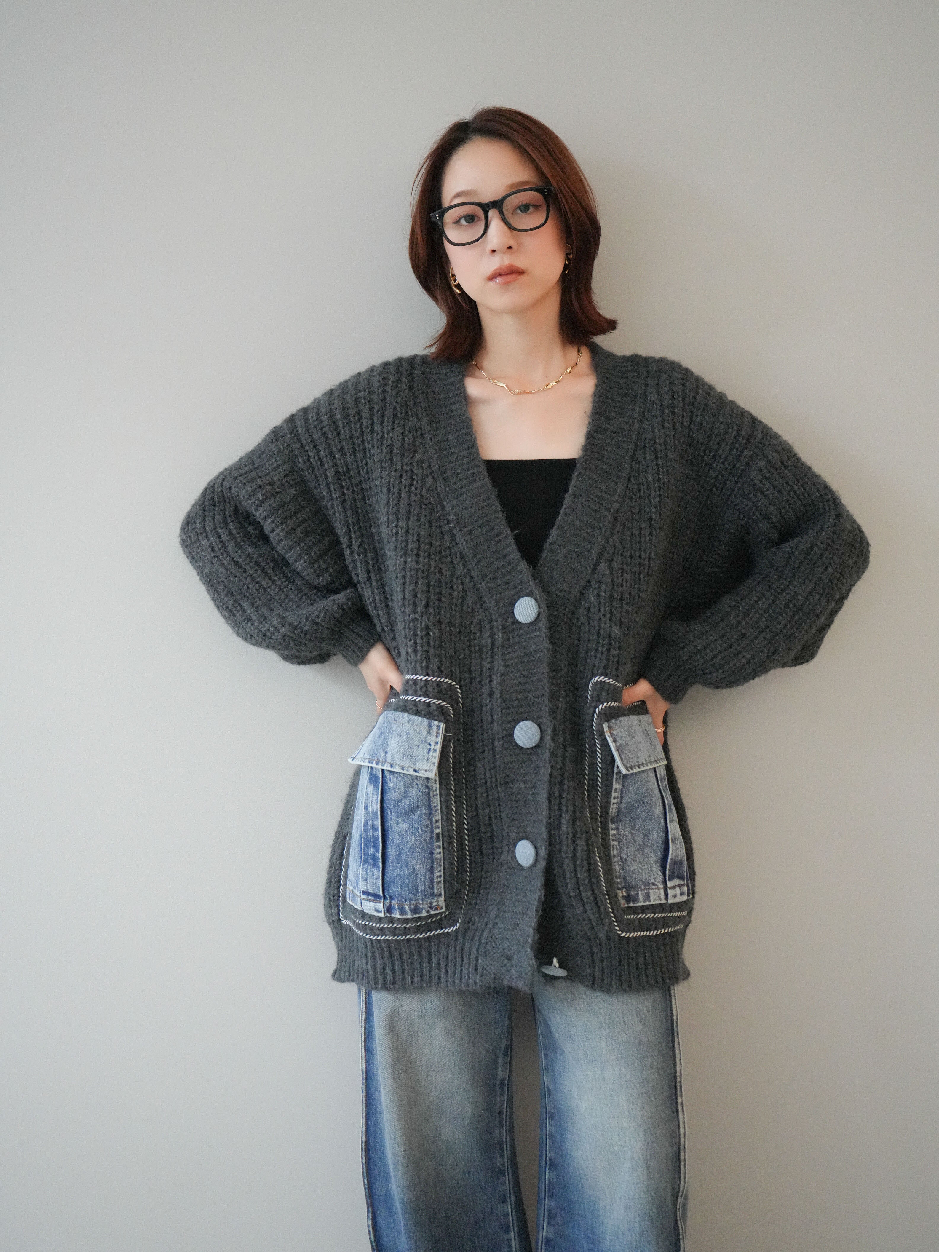 予約]デニムポケットハンドステッチカーディガン/gray – Lumier