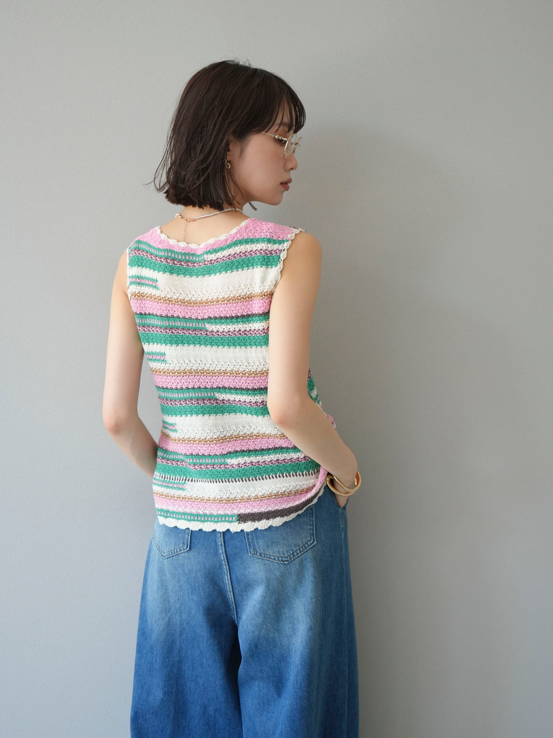 [予約]マルチボーダーニットベスト/グリーン