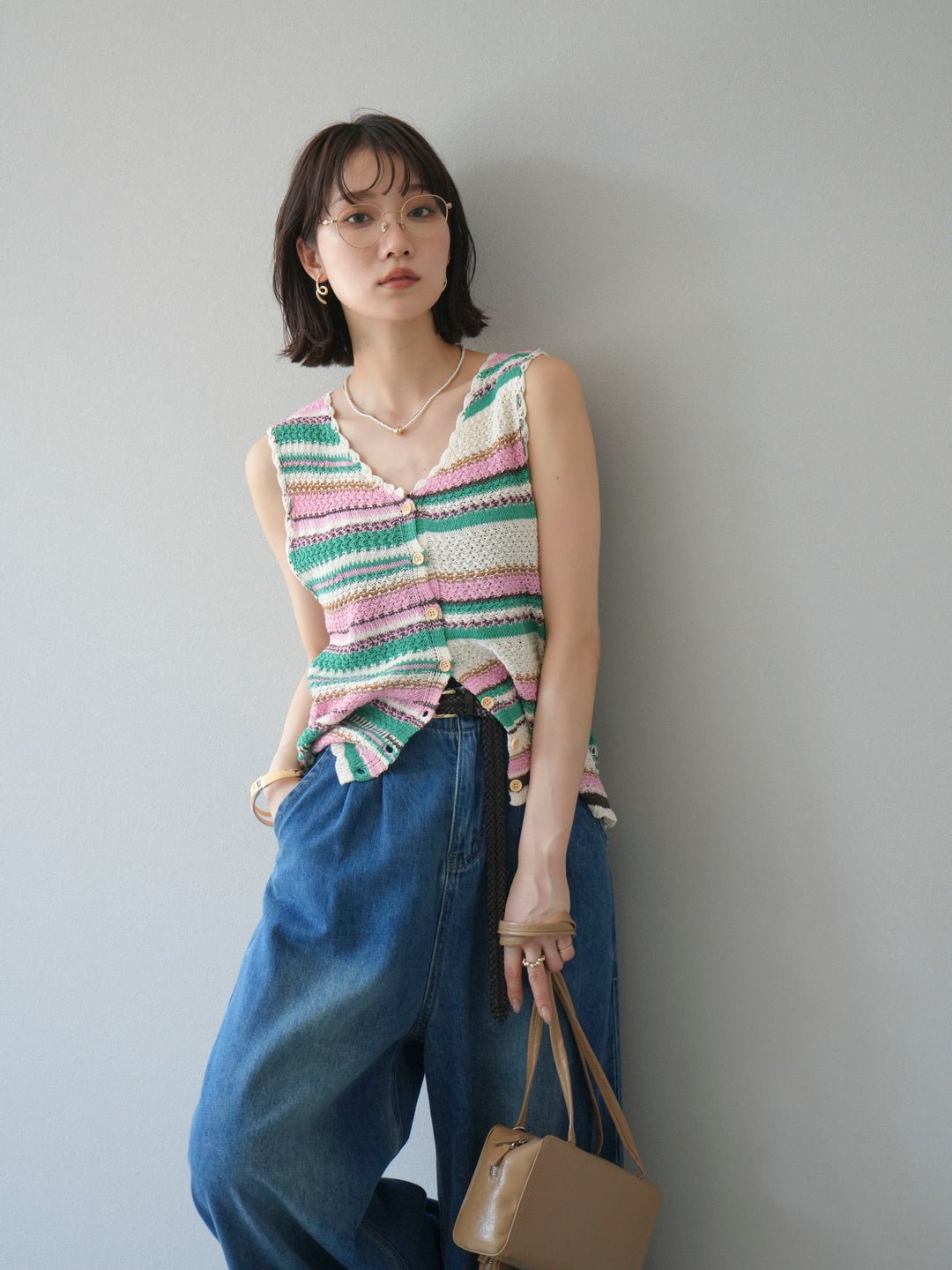 [予約]マルチボーダーニットベスト/グリーン
