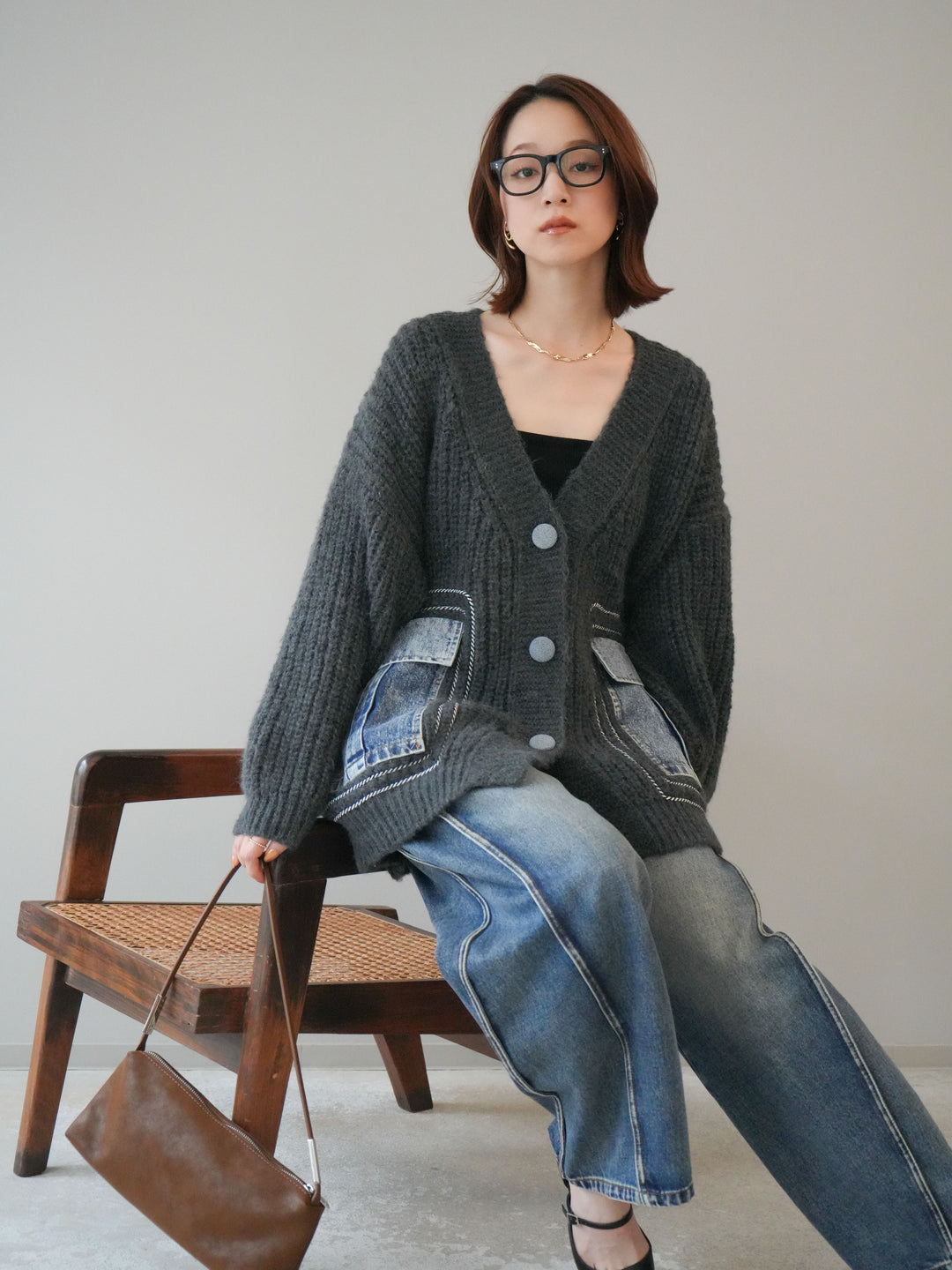 [予約]デニムポケットハンドステッチカーディガン/gray